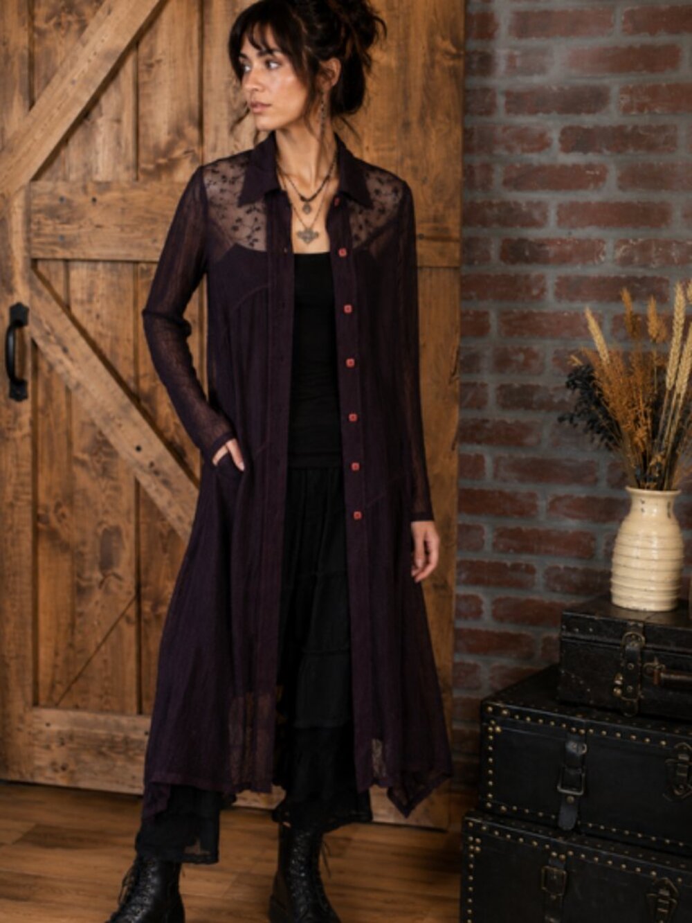 Lagenlook Sheer Embroidered Mesh Duster Tunic Dress Artsy Goth Boho